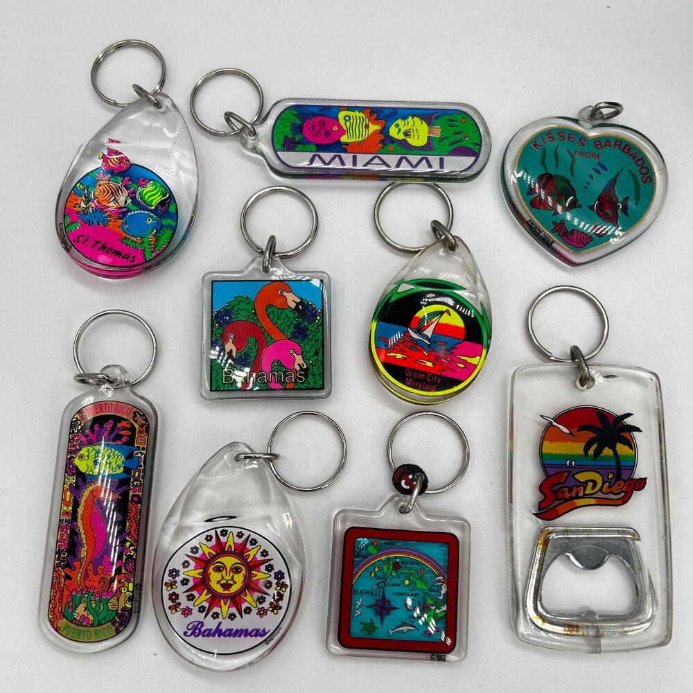 Vintage Tropical Keychain Lot Rainbow Neon Bright Miami Bahamas Caribbean Hawaii